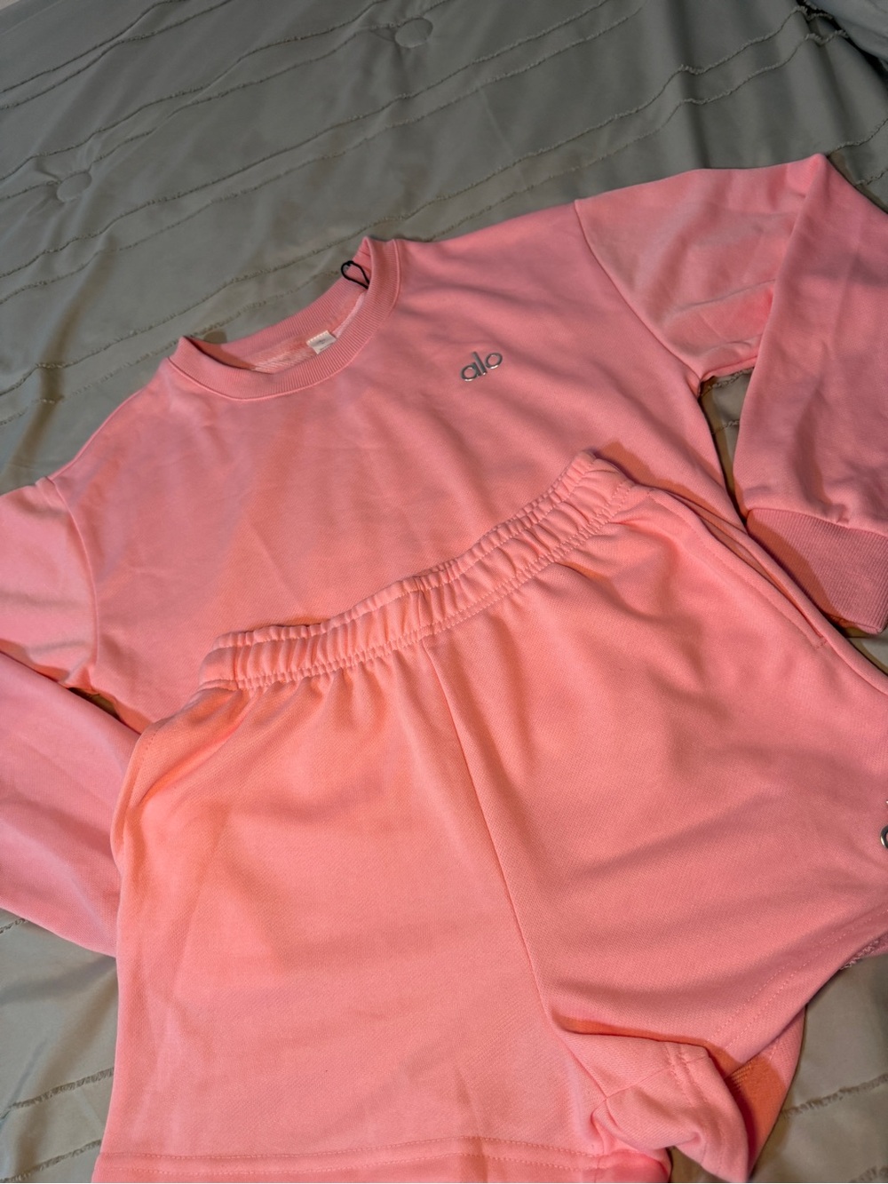 ALO Yoga Kids Coral Pink Crewneck Sweatshirt and Shorts Set